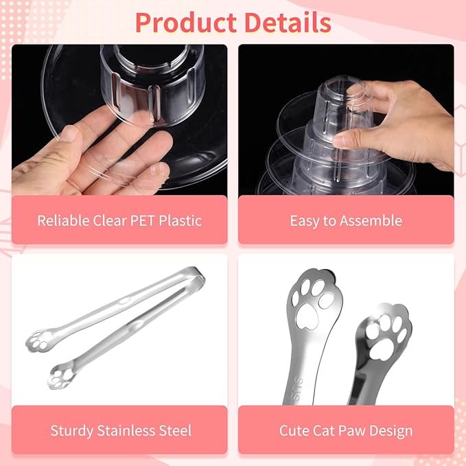 OMISTAR 2 PCS 6-Tier Clear Macaron Display Stands, Plastic Macaron Tray Tower with Stainless Steel Serving Tongs, Transparent Cupcake Dessert Stand for Weddings, Birthday Parties, Bakeries