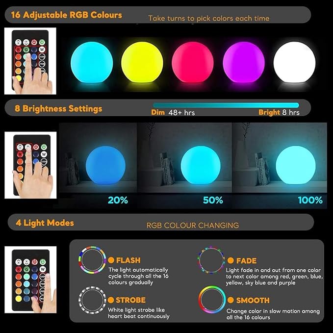 LED Ball Light, 6-inch Glowing Orb Light, Rechargeable Globe Lamp, Dimmable Mood Light W/Remote, Waterproof Ambient Lighting Lamp for Desk Bedroom Bathroom Patio