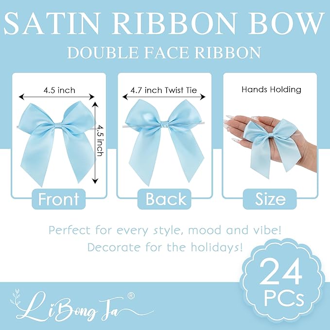 4.5" Satin Ribbon Blue Bows for Gift Wrapping, Twist Tie Bows, Cute Bows for Crafts, Party Favors, Premade Bows Pre-Tied Decorative Bows for Flower Bouquets Candy Apple Bows-24 Counts