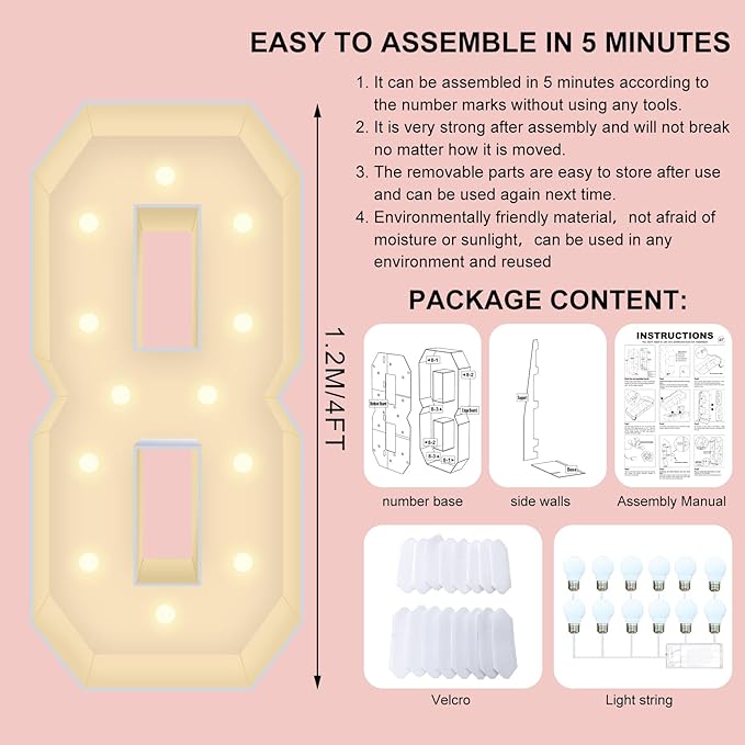 4FT Plastic Marquee Numbers 8 - Light up Numbers Are Made from Corrugated Plastic Board - Quick Assembly Without Tools, Disassembled Components Can Be Used for Photo Wall Decoration, Yard Sale Signs