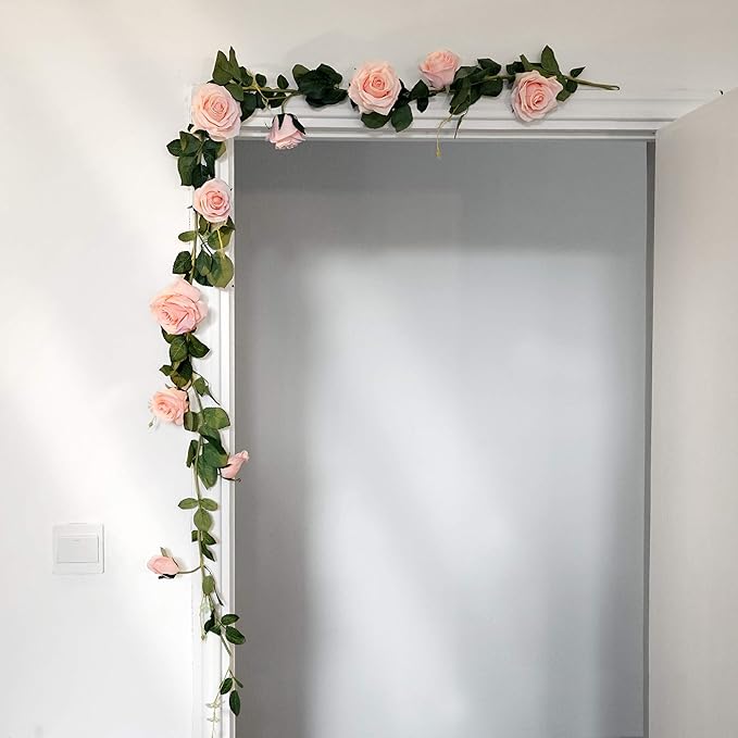 FiveSeasonStuff Dreamy Pink Artificial Silk Roses Flower Garland, Bendable Hanging Vines (2pcs, 11ft)