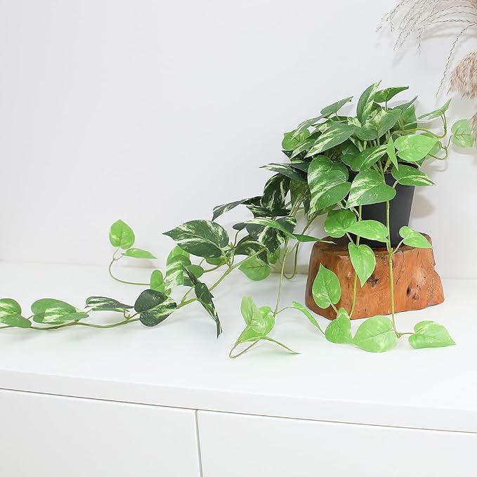 Fake Pothos Hanging Plants - 33" Set of 2 Artificial Silk Ivy Vines with Pots, Realistic Faux Greenery for Indoor Home Decor, Low Maintenance Hanging Plant Decoration (Golden Green)