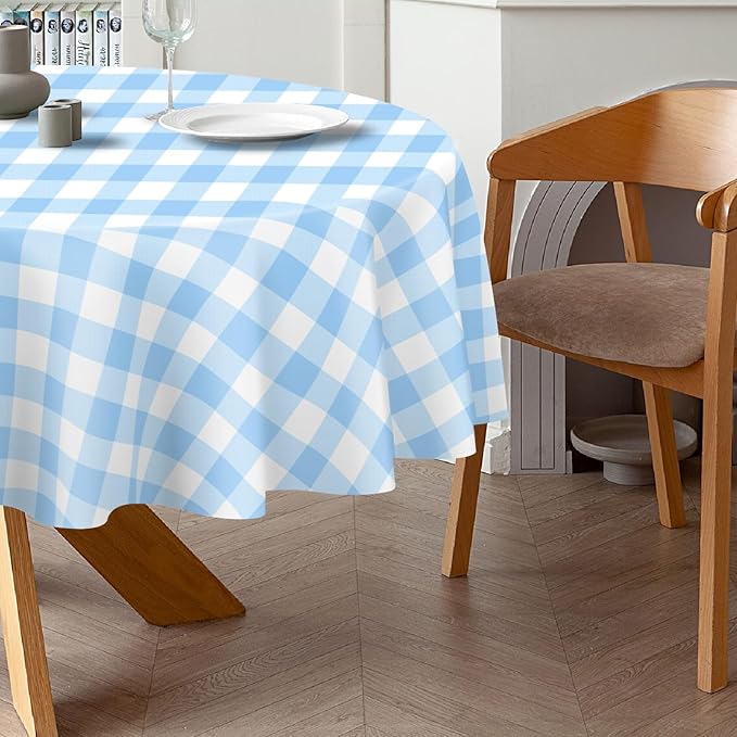 QIKSION Blue Gingham Round Tablecloth 2 Pack, 84 Inch Plastic Checkered Table Cover Disposable for Parties
