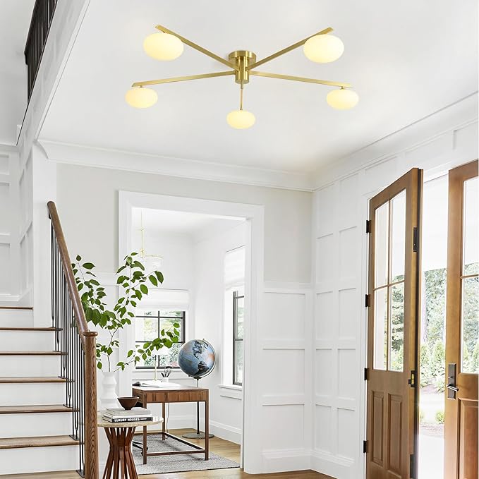 5 Lights Industrial Semi Flush Mount Ceiling Light Fixture Gold Modern Sputnik Chandelier Ceiling Light Fixtures Globe Sputnik Ceiling Lamp Glass Close to Ceiling Light Fixtures MCL05-GD