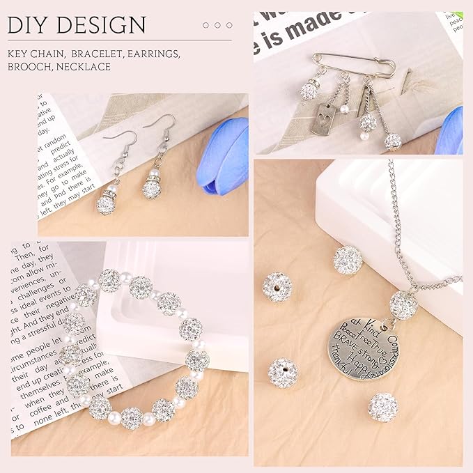 150 pcs 10mm Rhinestone Beads for Jewelry Making, White Shiny Round Shamballa Disco Beads Bulk, Sparkle Crystal Clay Christmas for Bracelet Baseball Necklace Earring Crafting and DIY