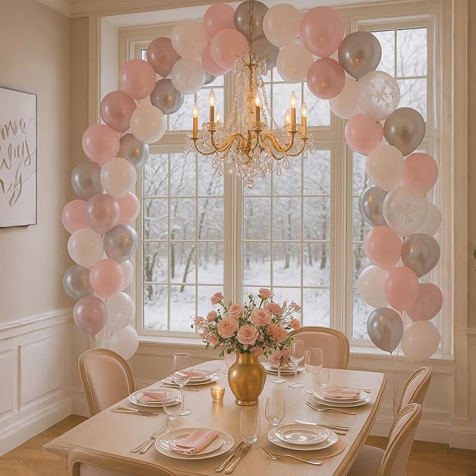 Pink and Silver Balloons, 52 PCS Snowflake Pink and White Balloons, 12 Inch Pink White Silver Pearl Pink Latex Balloons for Girl Baby Shower Birthday Bridal Wedding Party Decorations