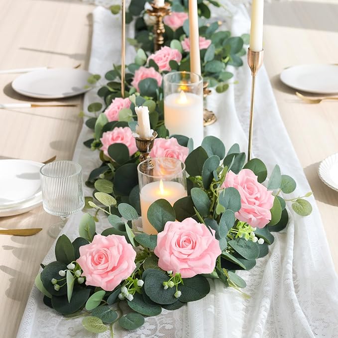 MACTING 2 Pack 13.2FT Eucalyptus Garland with Lights - Spring Gypsophila Flower Garlands with 24 Pink Roses Artificial Floral Greenery Vines for Arch Table Centerpieces Backdrop Party Wedding Decor