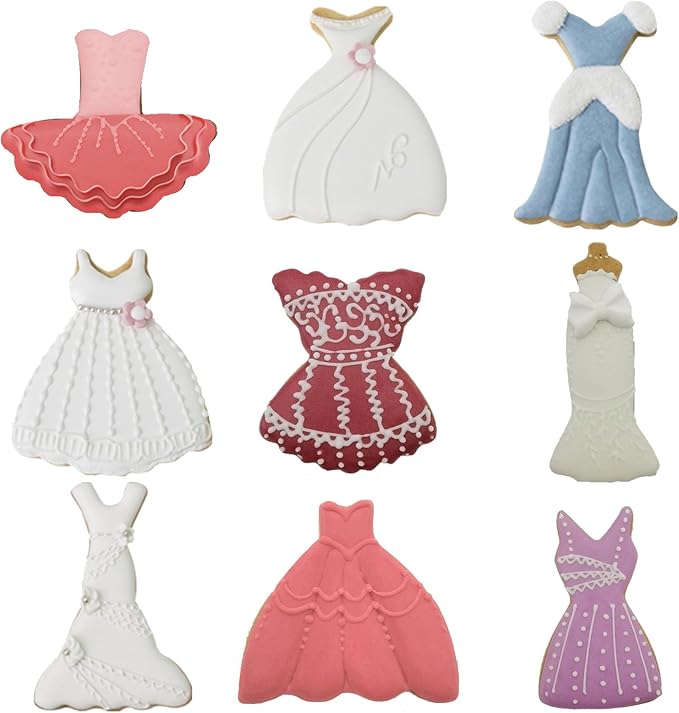 Mini Dress Cookie Cutter Set of 9 pcs, Stainless Steel Mini ONE-BITE SIZE Wedding Dress Shaped Fondant Cutters Baking Molds