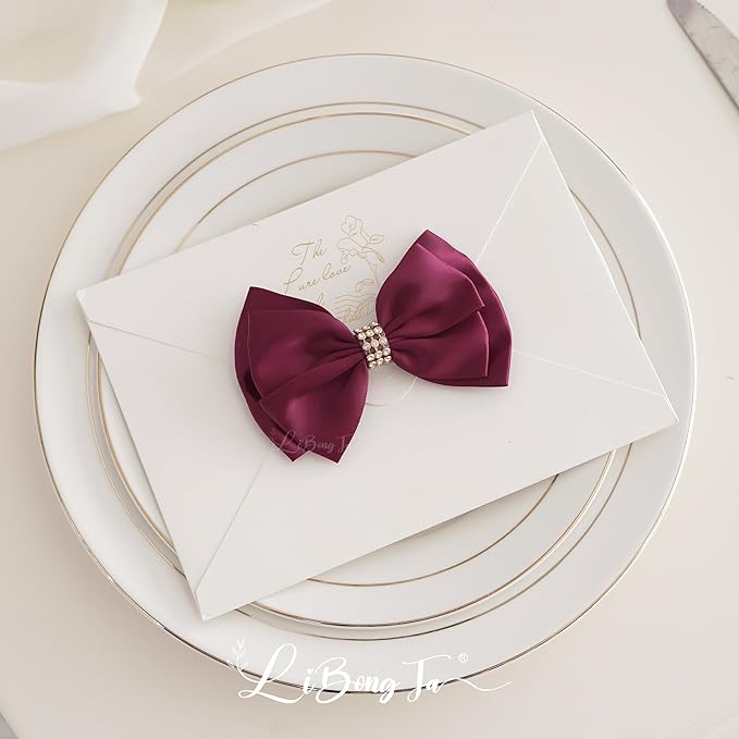 Dark Red Ribbon Bow 4'' Premade Satin Red Bows, Burgundy Gift Bows with Rhinestone, Wrapping Bows for Presents, Greeting Cards, Treat Bags, Valentines Bows for Gift Wrapping-12 Counts
