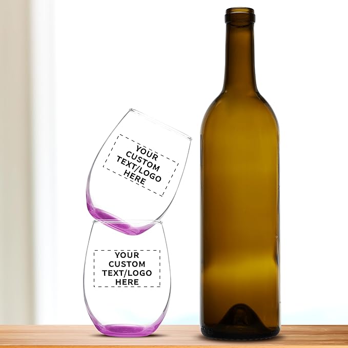 Custom Stemless Wine Glass 9 oz. Set of 100, Personalized Bulk Pack - Great for Wedding Favors, Bachelorette Party Decorations, Party Favors, Color Bottom - Pink