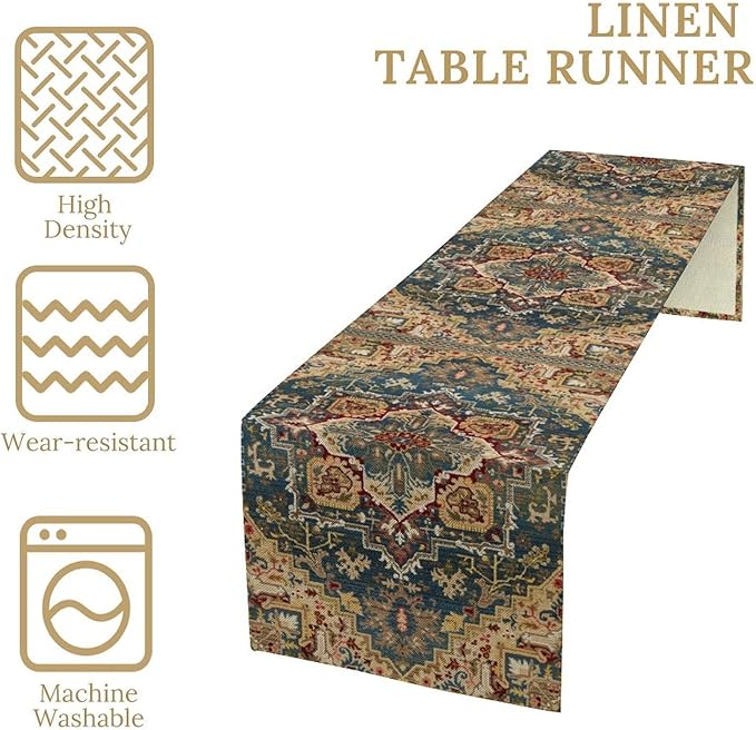Boho Bohemia Style Table Runner, Country Rustic Farmhouse Vintahe Colorful Geometry Print Table Runner for Home Kitchen Dinner Party Holiday Decor, 13x90inch