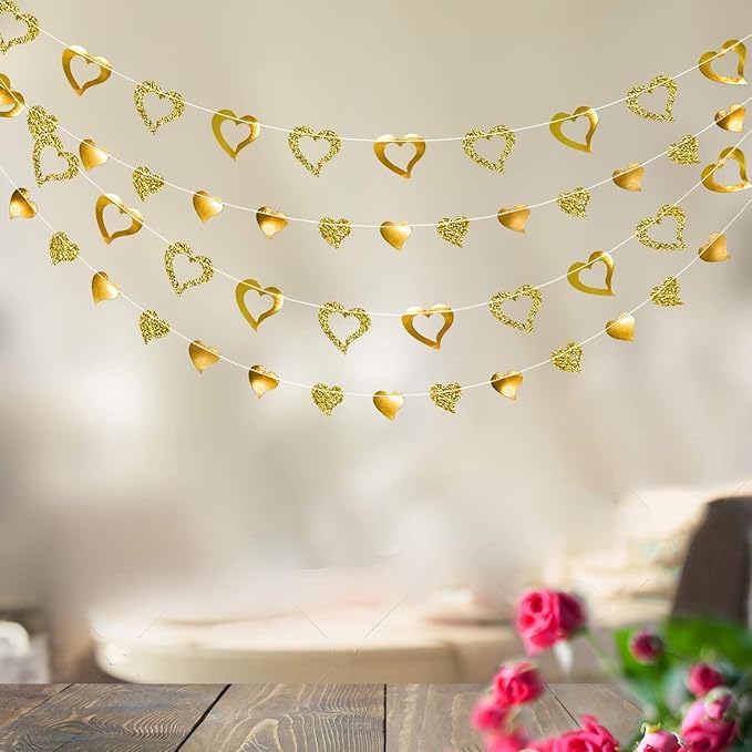 Cheerland Gold Heart Garland Romantic Decorations Paper Streamers Hanging for Mother’s Day Best Mom Tea Brunch Engagement Wedding Anniversary Bridal Shower Valentine Birthday Party Supplies 4pcs