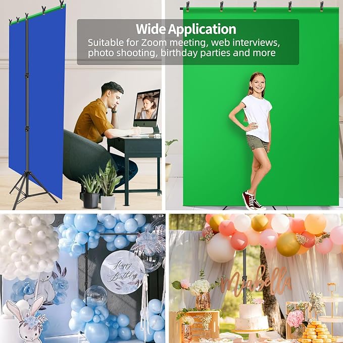 HEMMOTOP Blue Green Screen Backdrop Kit, 2in1 7x5ft(HxW) Green Screen Stand for Streaming, 6.5x5ft(HxW) 2-Sided Reversible Blue Photo Background with Backdrop Stand for Photography, Zoom