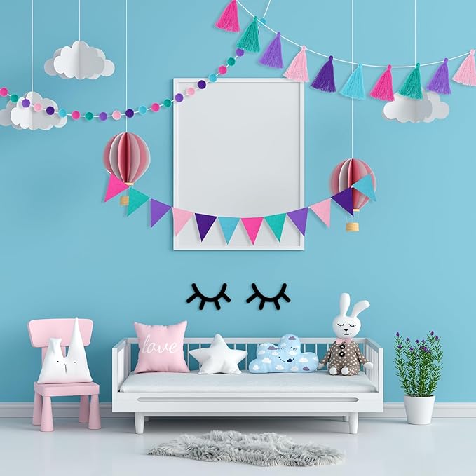 Irenare 9.8 ft Pom Pom Garland Felt Colorful Tassel Banner Christmas Party Pompoms Garland Decorations Felt Pennant Banner for Classroom Home Mantel Fireplace Birthday(Mermaid Colors)