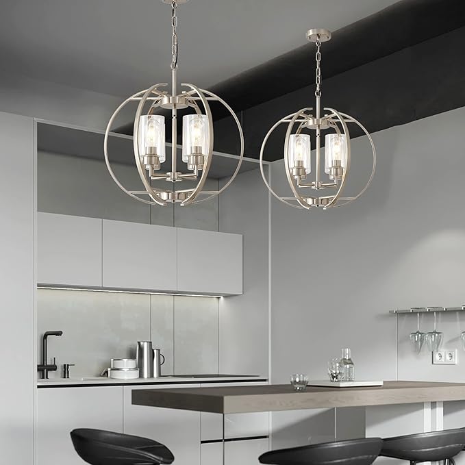 Large Lantern Globe Brushed Nickel Chandelier Lighting, Adjustable Hanging Ceiling Pendant 4 Light for Kitchen, Dining Room, Living Room, Hallway, Bedroom