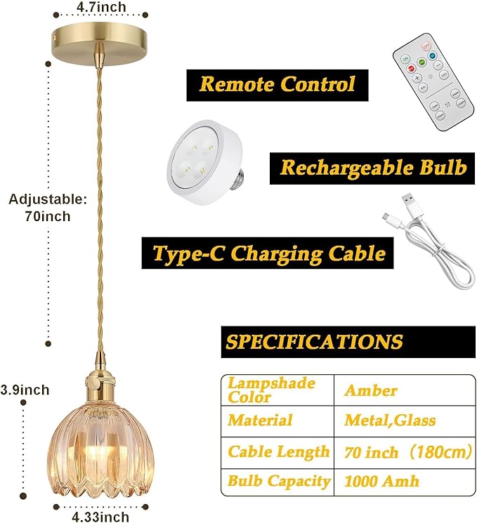 Vintage Gold Rechargeable Pendant Light with 70 Inch Cord and Exquisite Tulip Amber Glass Shade for Kitchen Island, Living Room & Dining Room, Ideal Hanging Light for Multiple Spaces