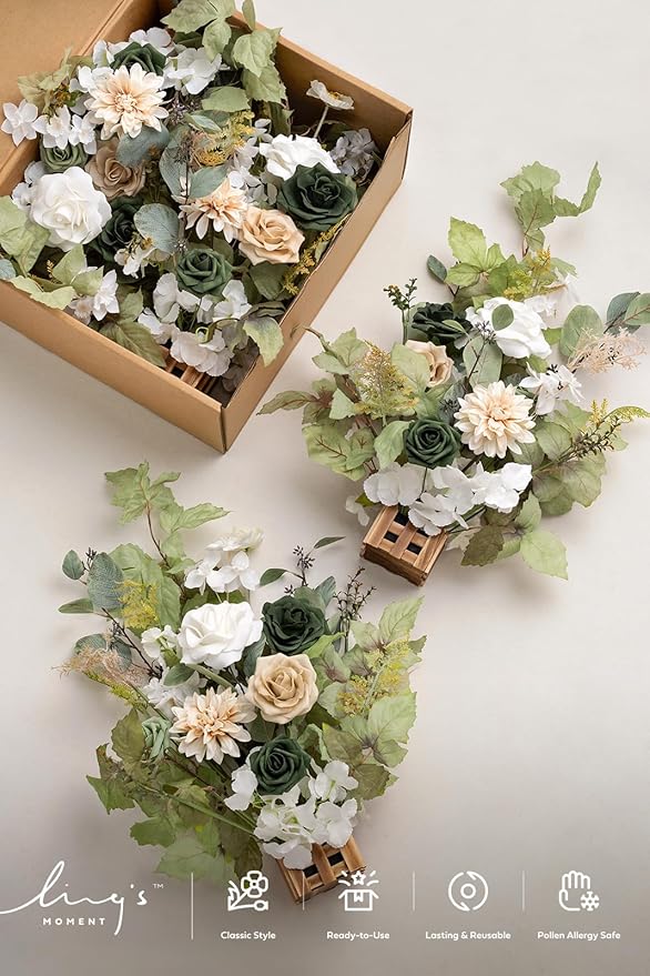 Ling's Moment 17.5" Tall Standing Artificial Flowers Arrangements 4pcs Fall Wedding Aisle Runner Chair Decorations Emerald & Tawny Beige Centerpieces for Ceremony Reception Rose Floral Party Outdoor