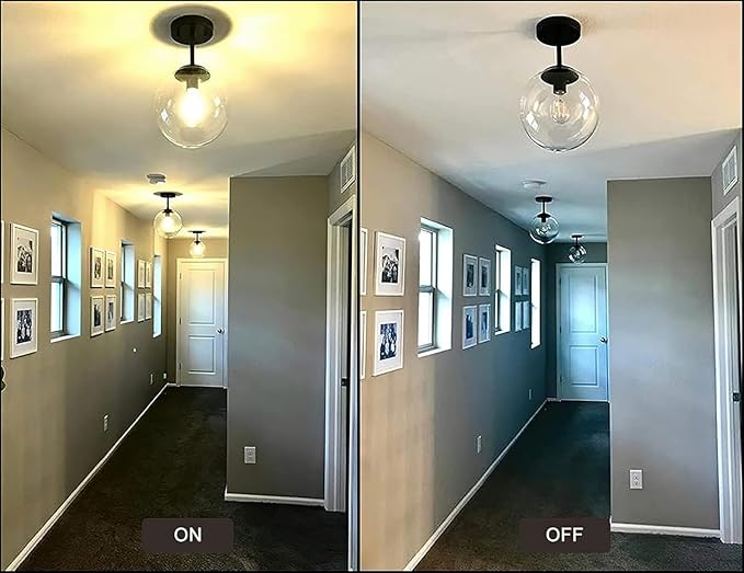 Globe Semi Flush Mount Ceiling Light, Clear Glass with Matte Black Finish, Mid Century Modern Light Fixture Ceiling, Hallway Living Room Kitchen Bedroom Storage Schoolhouse Laundry(LED Bulb Incl.)