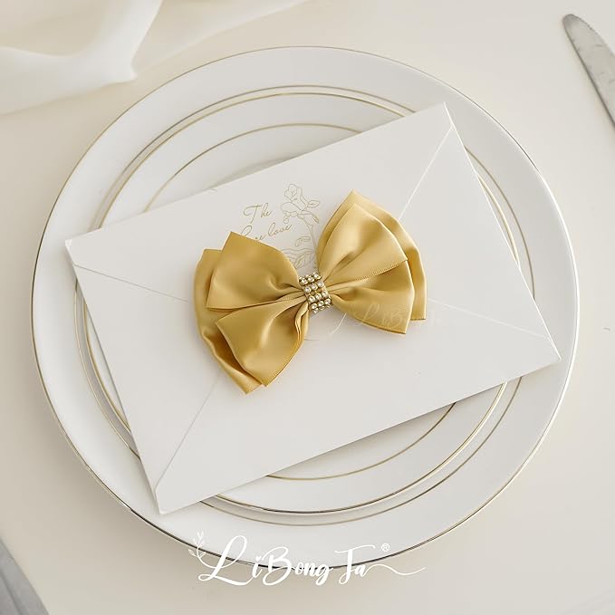 Gold Bows 4'' Premade Satin Ribbon Bow, Gift Bows with Rhinestone, Wrapping Bows for Presents, Greeting Cards, Treat Bags, Wine Bottles, Valentines Bows for Gift Wrapping-12 Counts