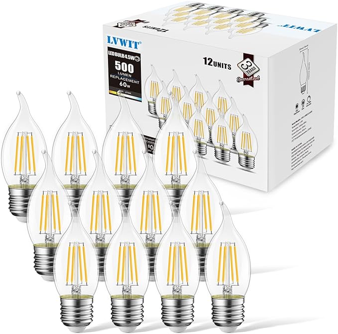 LVWIT Flame Tip LED Filament Bulb Candelabra E26 Base Dimmable 4.5W (60W Equivalent) B11 Chandelier Candle Light Bulb，2700K Warm White 12-Pack