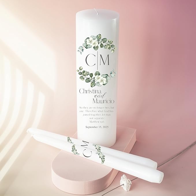 Unity Candles for Wedding, Modern Unity Set, Custom and Personalized Pillar and Taper Candles with Bible Quote, Unscented White Premium Wax, Religious and Wedding Ceremony, Special Events (Greenie)