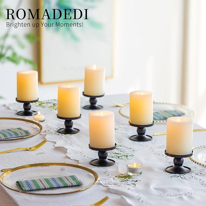Romadedi Candle Holders for Pillar Candles, Black Pillar & Taper Candle Holder, Small Metal Candle Stick Candle Holder for Wedding, Dining Room Table Centerpiece, Holiday Decor, 4 Pcs