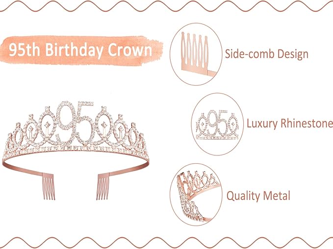95th Birthday Decorations for Women Including Birthday Sash, Crown, Numeral Candles and Cake Topper, Rose Gold Party Decor Supplies