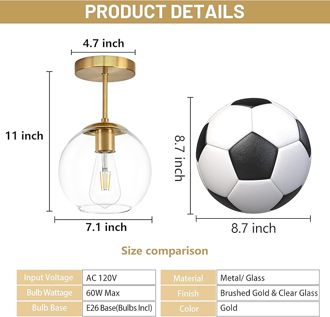 Gold Semi Flush Mount Ceiling Light Fixture with Clear Glass Light Fixture Mid Century Light Fixtures Gold Semi Flush Ceiling Light Fixtures for Dining Room Kitchen Island (Bulb Incl)