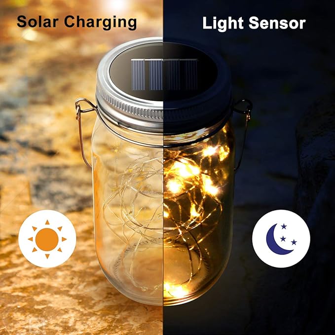 Urvoix Solar Mason Jar Lights - 6 Pack 30 Led Waterproof Jar Lids String Lights with 6 Handle, Perfect for Outdoor Garden Backyard Decorations