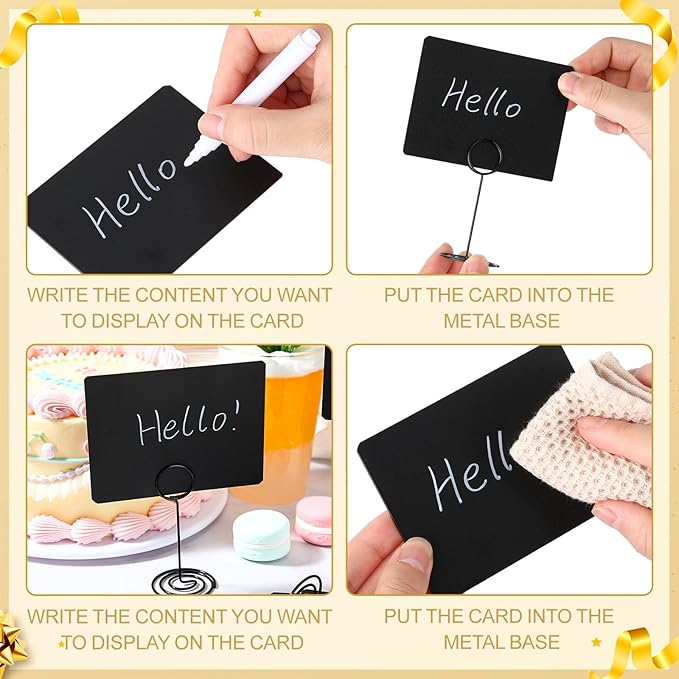 TecUnite 24 Pack Mini Chalkboard Signs, 4"x3" Small Table Place Cards with Metal Stand and 2 Marker Pens Food Labels for Party Buffet, Tabletop Blackboard Signs Name Tags for Wedding Bakery(Black)