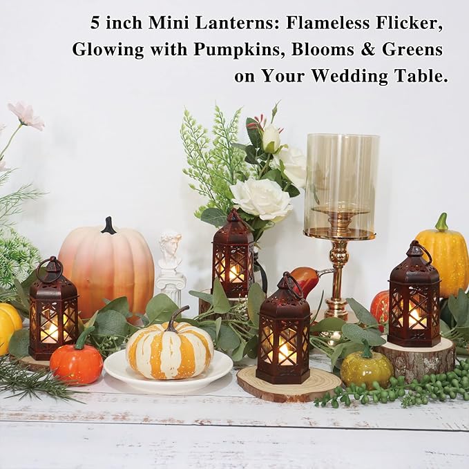 LLQ 8Pack Mini Lantern Decorative for Halloween Christmas & Wedding, Small Vintage Moroccan Lantern with Flickering LED Candle for Table Centerpieces, Enchanted Forest Medieval Decor, Hanging Ornament