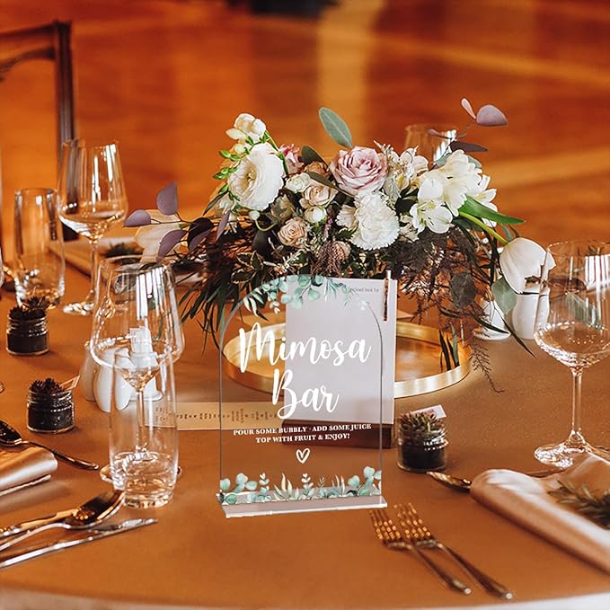 Acrylic Wedding Signs, Bridal Shower Decorations, Mimosa Bar Signs for Reception, Modern Calligraphy Arch Acrylic Table Top Sign for Wedding Reception and Engagement Parties (Clear Eucalyptus Leaves)
