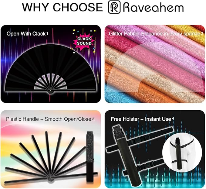 13" Large Folding Rave Fan with Holster, Clack Hand Fans Foldable for Line Dancing, Boots On The Ground Fan for Women Men Festival EDM Party Decoration, Glitter Black
