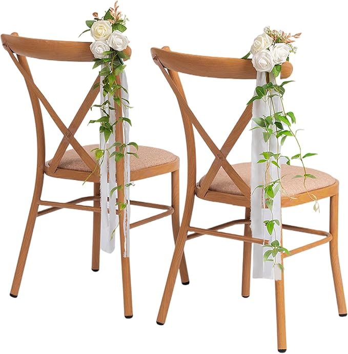 Meldel Wedding Chair Decorations Aisle Floral Set of 10 Artificial Flowers Ivory White Rose Garland with Hanging Ribbions for Ceremony Reception Church Arrangement Party Wedding Pew Decor Flower