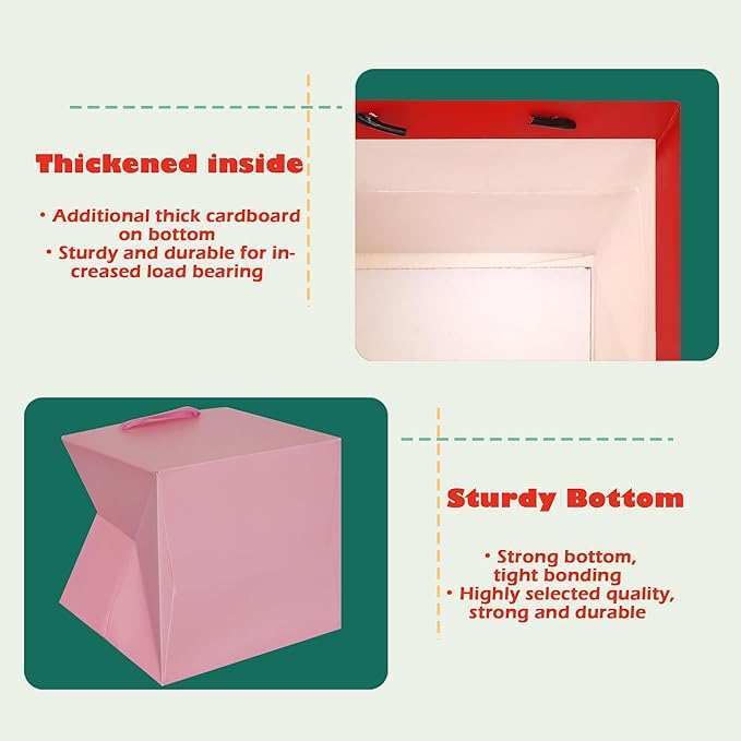 ADIDO EVA Pink Square Gift Bags Large Size Square Bottom Paper Bags with Handles for Party Favor, Shopping Bag (12x12x12 In, 10 CT)