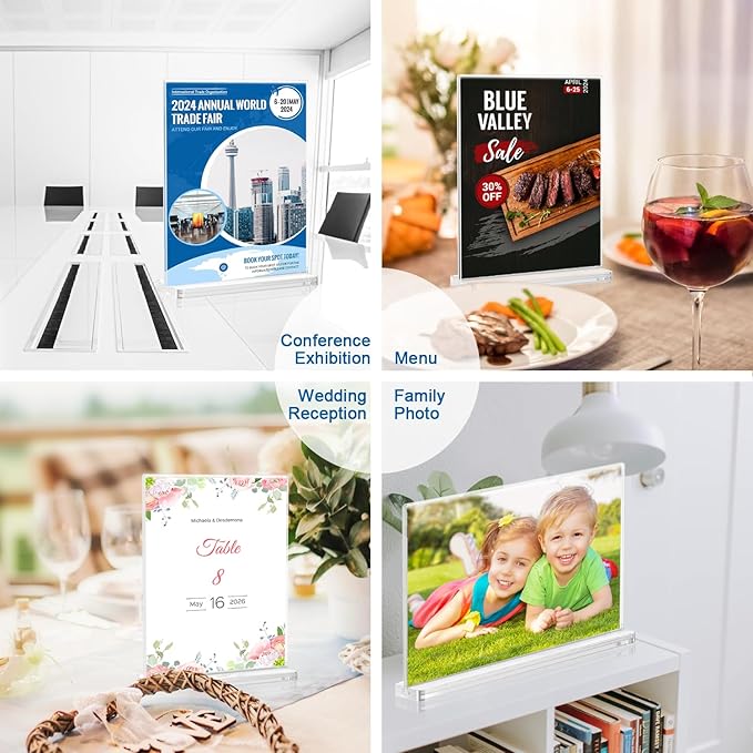 BlueValley Clear Acrylic Sign Holder 7x5 Inch - 12 Pack Double Sided Lucite Plastic Paper Display Stand for Brochure, Tabletop Sign, Document Picture Frame For Office Retail Catering Menu Show Fair Vendor Events