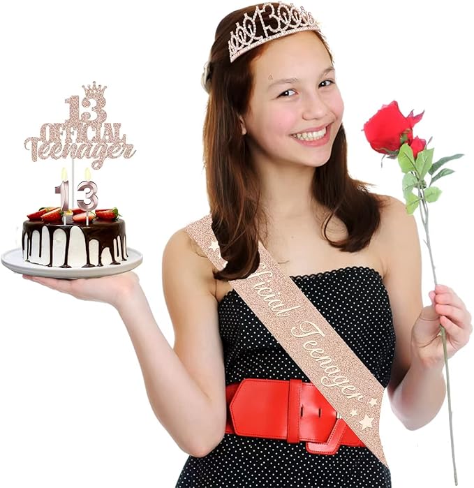 13th Birthday Decorations for Girls, Including 13th Birthday Crown/Tiara, Official Teenager Sash and Cake Topper, Number Candles, 13 Year Old Girl Gifts
