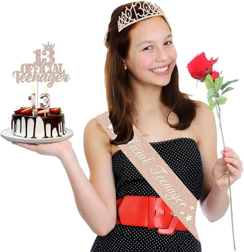 13th Birthday Decorations for Girls, Including 13th Birthday Crown/Tiara, Official Teenager Sash and Cake Topper, Number Candles, 13 Year Old Girl Gifts