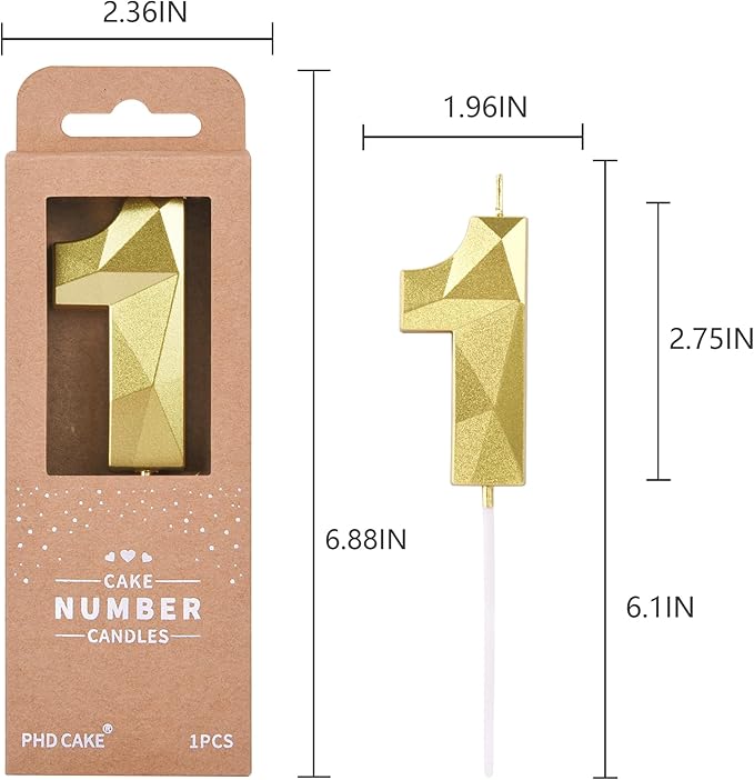 PHD CAKE 2.76 Inch Crystal Gold 1 Number Birthday Candles, Gold Number Candles, Cake Number Candles, Party Celebration