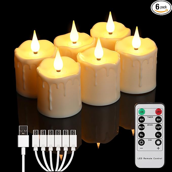 FREEPOWER Rechargeable Flameless LED Votive Candles with Timer Remote - 2'' x 3'' Waterproof Flickering Tealights Candle - Battery Operated Pillar Candles for Wedding, Party and Holiday Decor - 6PCS