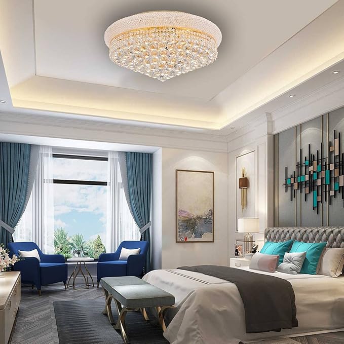 11-Lights Golden Finish Classic Empire Style K9 Crystal Chandelier Ceiling Light for Living Room Foyer Dining Room Hallway Bedroom (24×12 inch) New Packaging Easy to Install