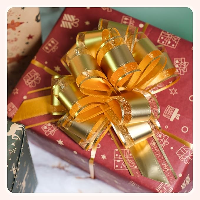 12 PCS 6 Inch Large Pull Organza Golden Bows - Perfect for Gift Wrapping, Wedding Decor, Car Bows, Birthday Parties, Christmas and Valentine's Day