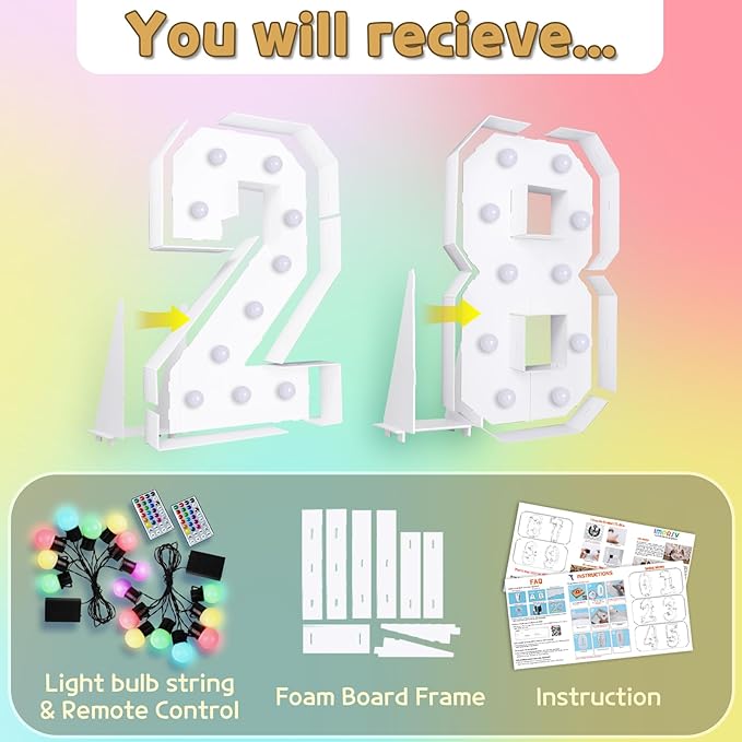 Marquee Numbers 28th-Birthday Decoration: Colorful 4FT Large Light Up 28 Year Old Birthday Decorations Anniversary Backdrop for Boys Girls Cardboard Sign 18 Colors Number 28 Mosaic Balloon Frame