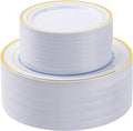 100PCS White Plastic Plates Set with Gold Rim, 50 10.25 inch Heavy Duty Dinner Plate and 50 7.5 inch Dessert Appetizer Plates, Premium Disposable Plates for Party, Wedding, Birthday