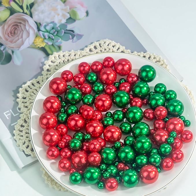300Pcs Red&Green Polished No Hole Pearl Beads Vase Filler, Christmas Vase Filling Decorations, Plastic Pearls, Table Scatters, Wedding Home Decor, 8/14/20 mm