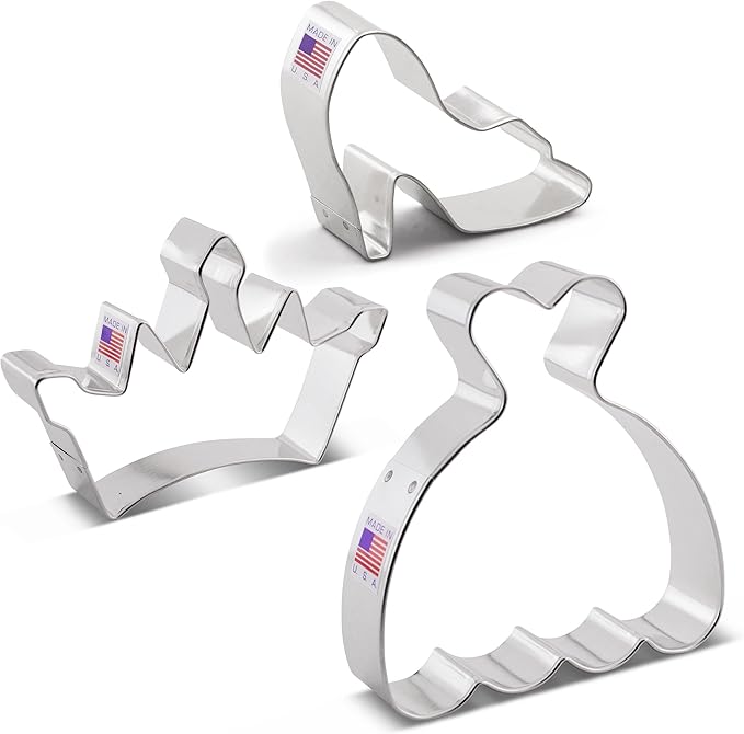 Princess Cookie Cutters 3-Pc Set Made in USA by Ann Clark, Crown, Glass Slipper, Dress