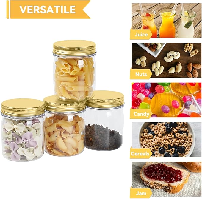 novelinks 8 oz Clear Plastic Jars with Screw-On Lids - BPA-Free Refillable Storage Containers for Slime, Spices, Crafts, Kitchen & Home Organization (48 Pack,Gold)
