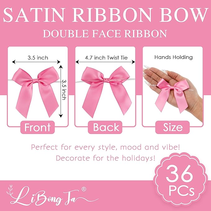 3.5" Hot Pink Bow Satin Pre-Tied Bows for Gift Wrapping, Small Bows for Crafts, Premade Bows, Candy Apple Bows, Twist Tie Bows for Cake Decorating, Party Favor, Wedding Decoration-36 Counts