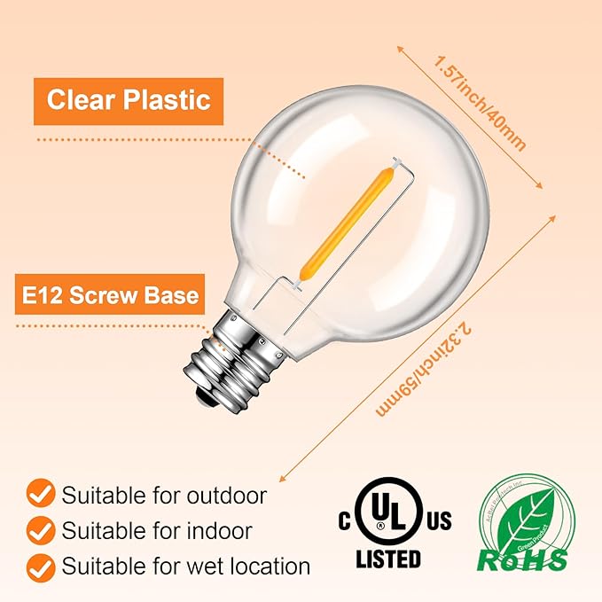 25 Pack Dimmable G40 Led Replacement Light Bulbs, E12 Screw Base Waterproof LED Globe Bulbs Light for Indoor Outdoor String Lights, Patio Cafe Décor, Not Solar
