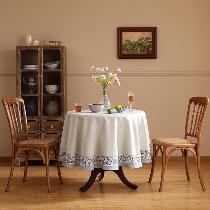 ISAENNE Designer Vintage Linen Elegant Round Tablecloth,Chinoiserie Floral Indoor Table Cloth,Wrinkle Resistant Decor Table Cover for Dining Thanksgiving Kitchen,Diameter 67"-Segerman B